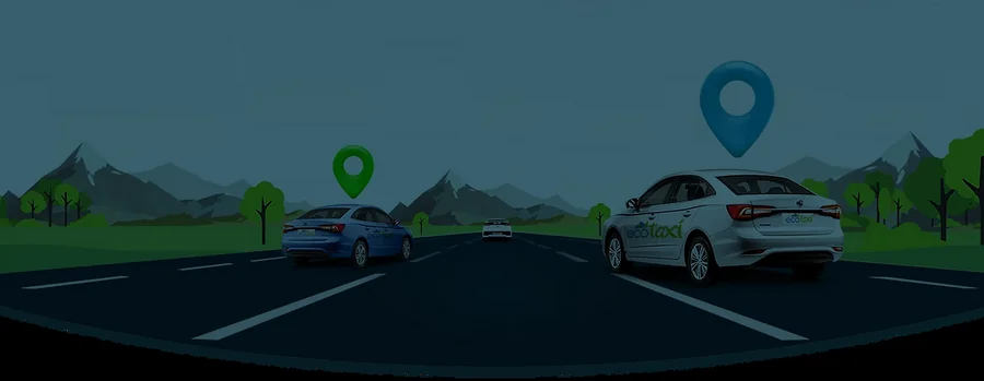 Carretera interurbana con vehículos Ecotaxi y marcadores de ruta